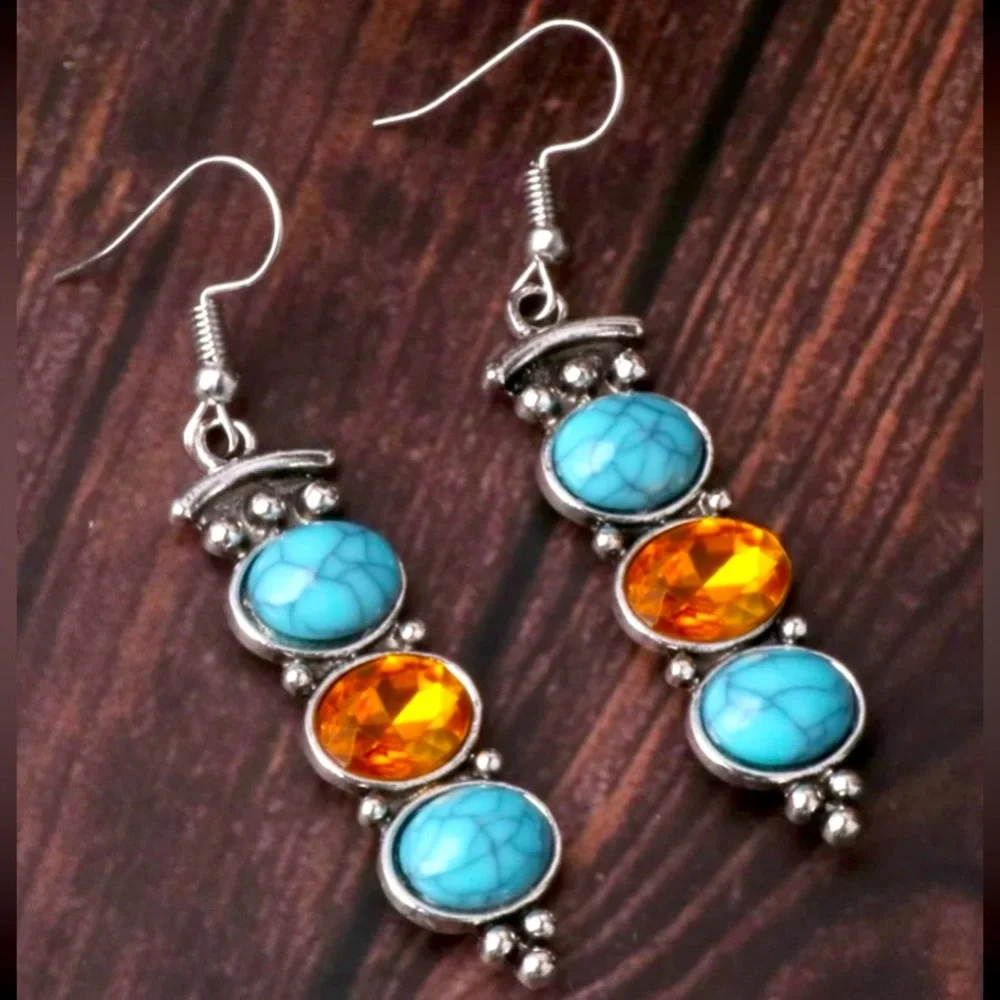 Bohemian Chic Southwestern Turquoise, Amber, Vintage Silver Dangle DropE… - Picture 4 of 4